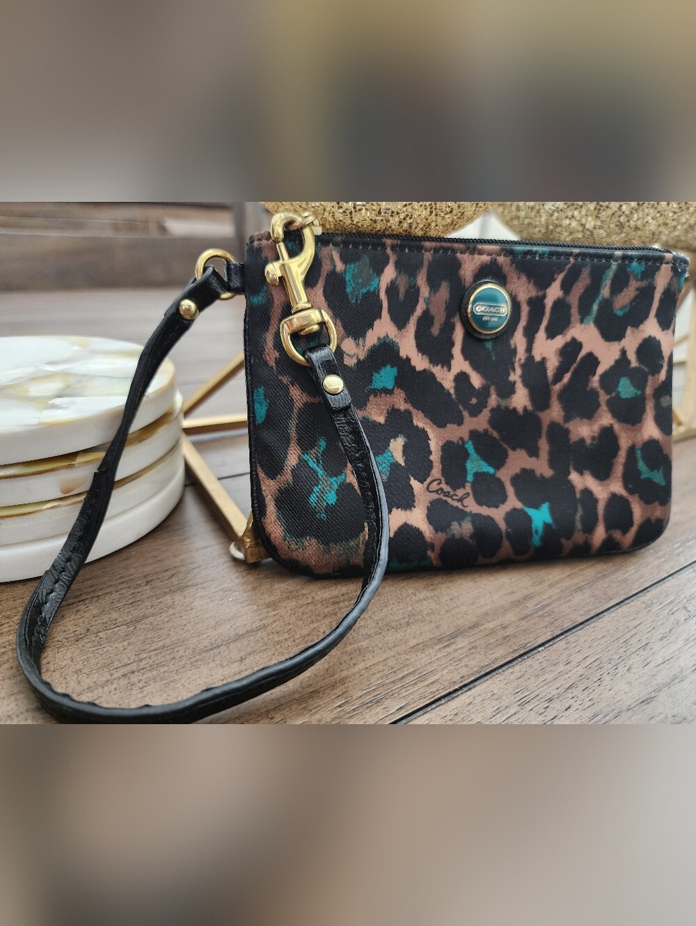 Coach Teal and Brown Leopard Print Wristlet